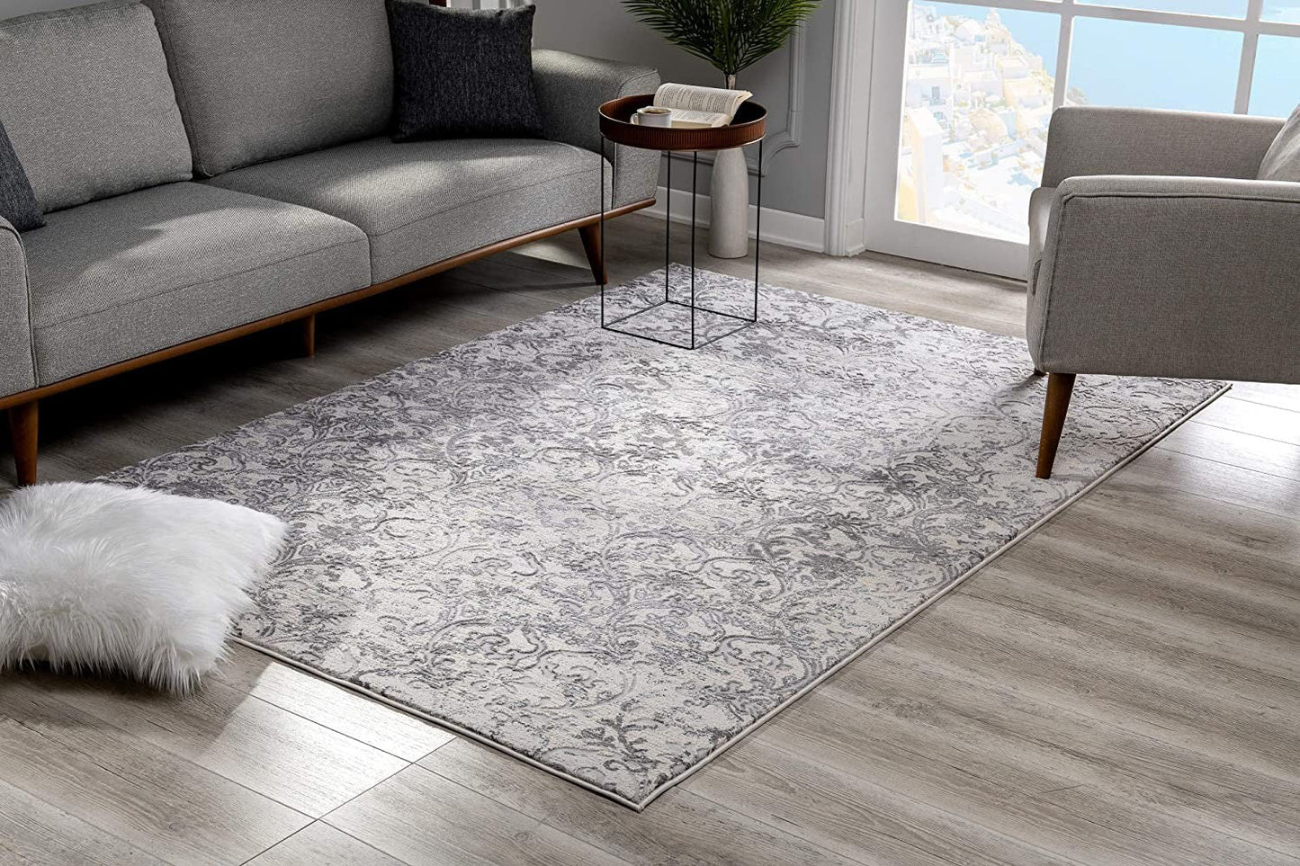 HomeRoots 8' x 11' Cream and Gray Faded Filigree Area Rug