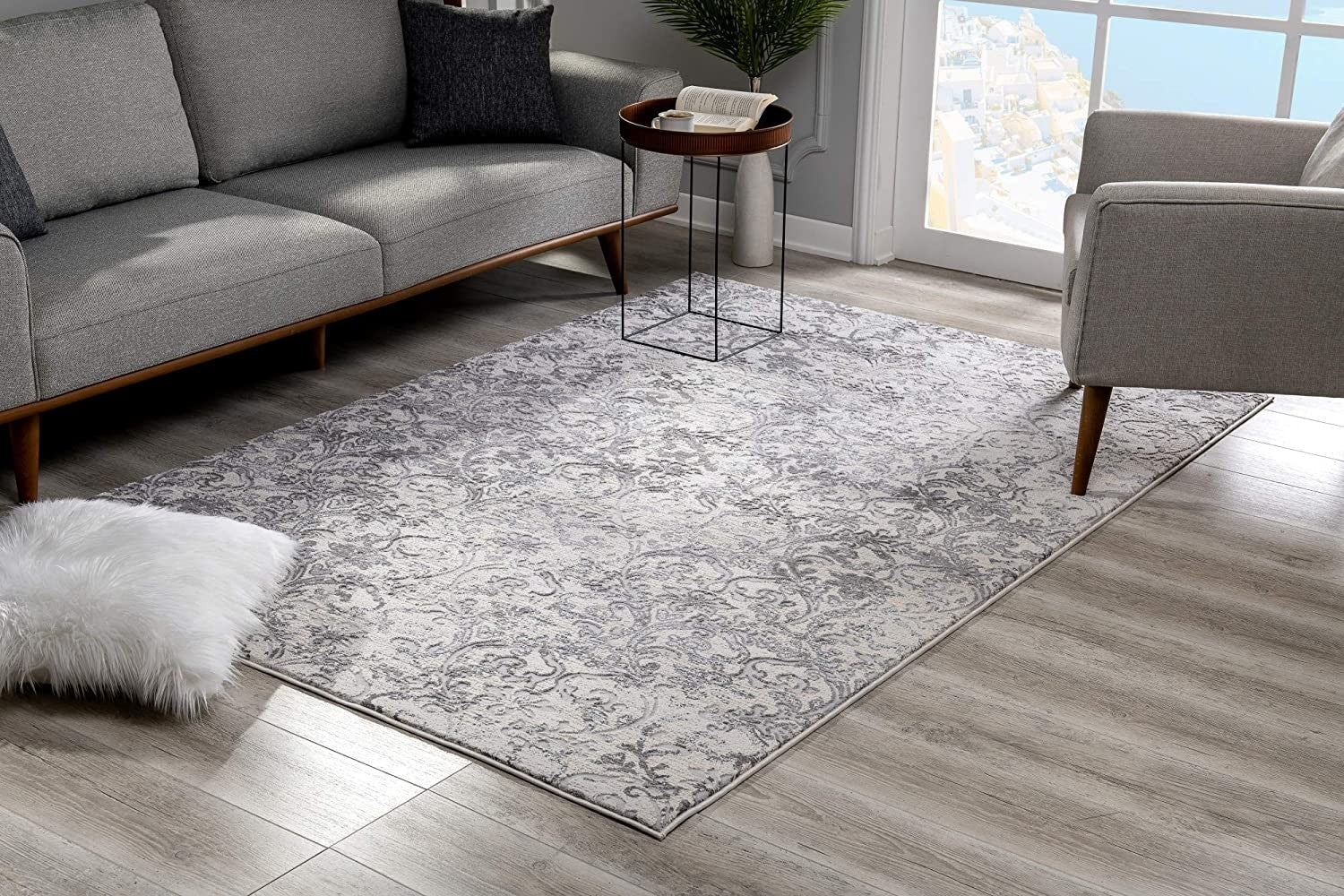 HomeRoots 8' x 11' Cream and Gray Faded Filigree Area Rug
