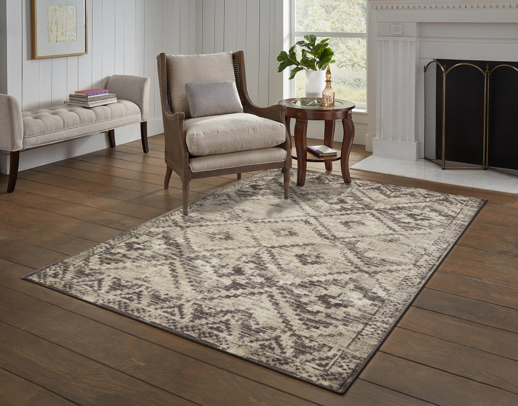 HomeRoots 8' x 11' Gray Beige Distressed Diamond Area Rug