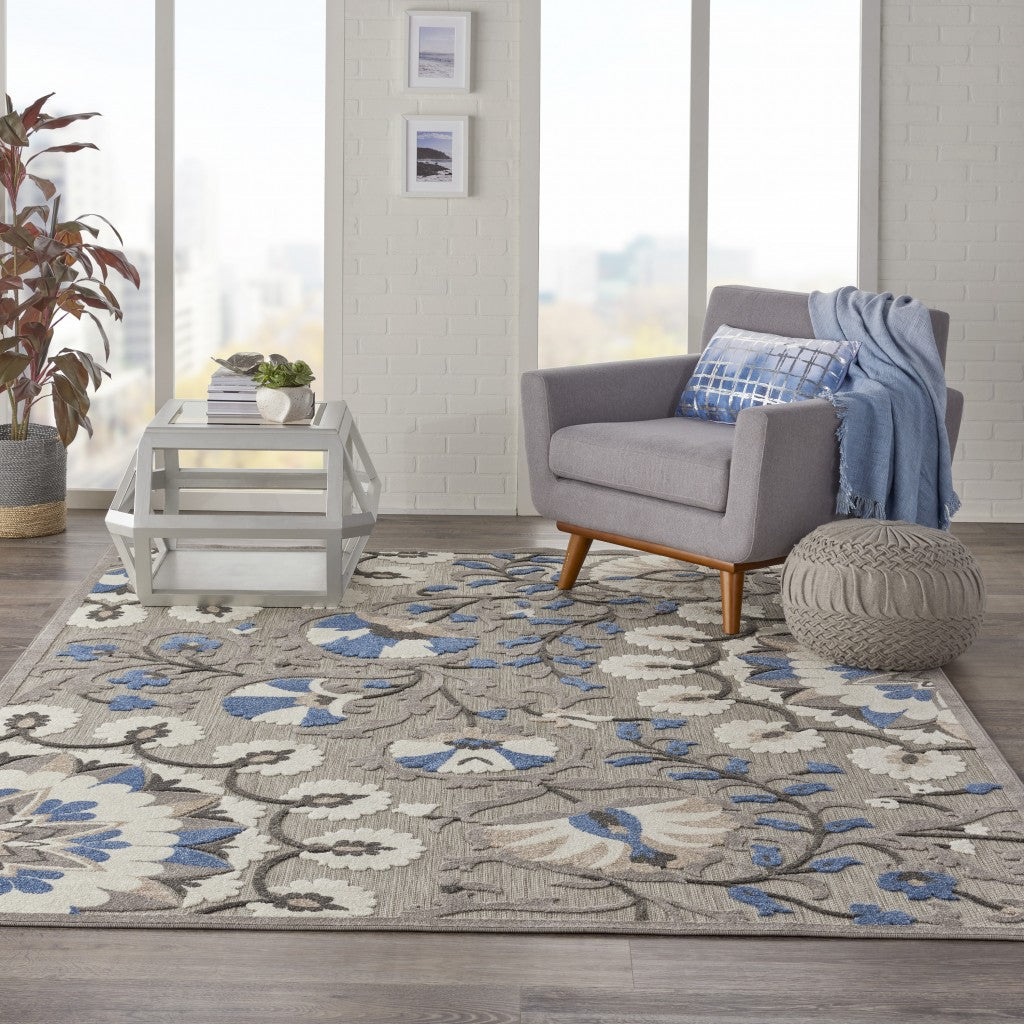HomeRoots 8' x 11' Gray and Blue Vines Indoor Outdoor Area Rug