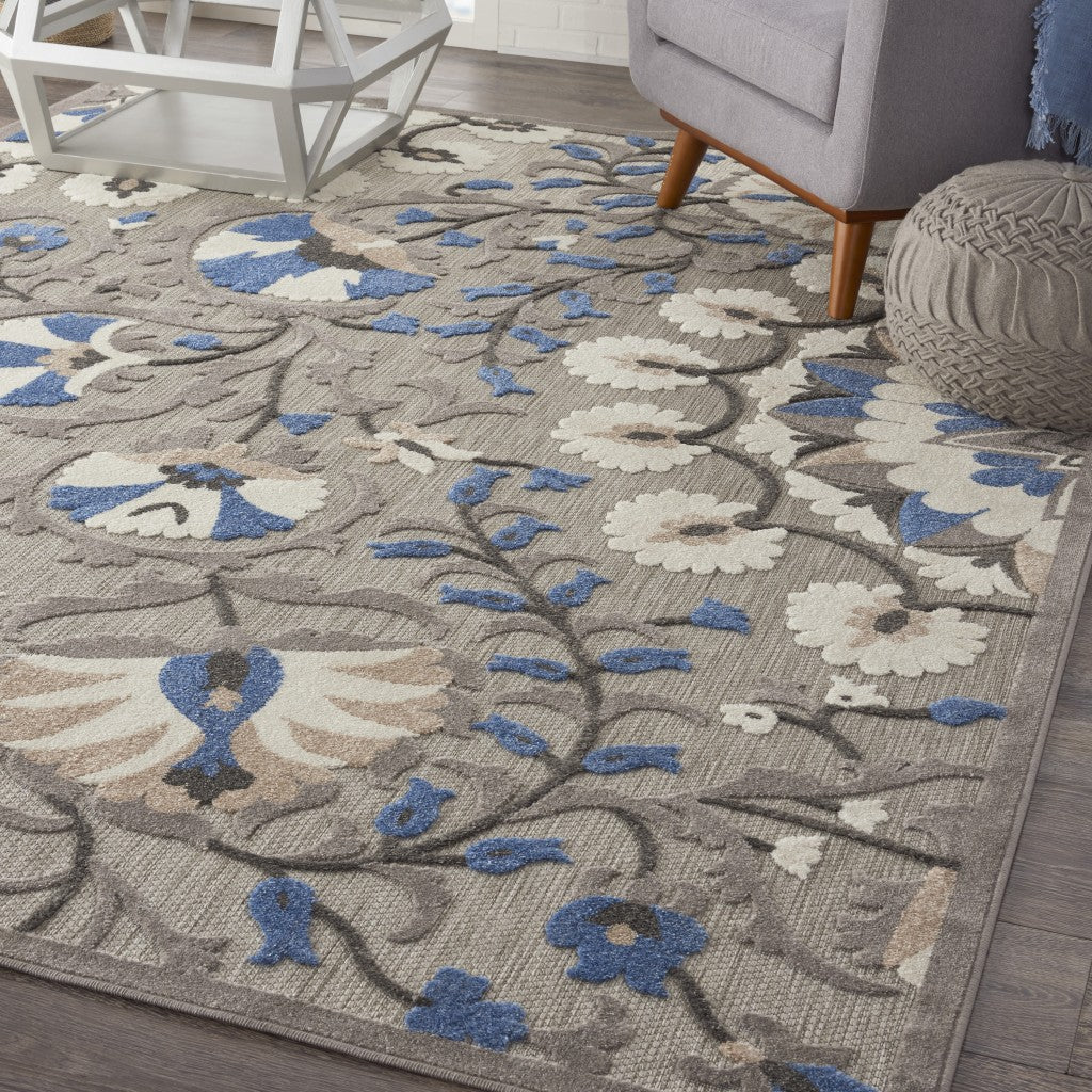 HomeRoots 8' x 11' Gray and Blue Vines Indoor Outdoor Area Rug