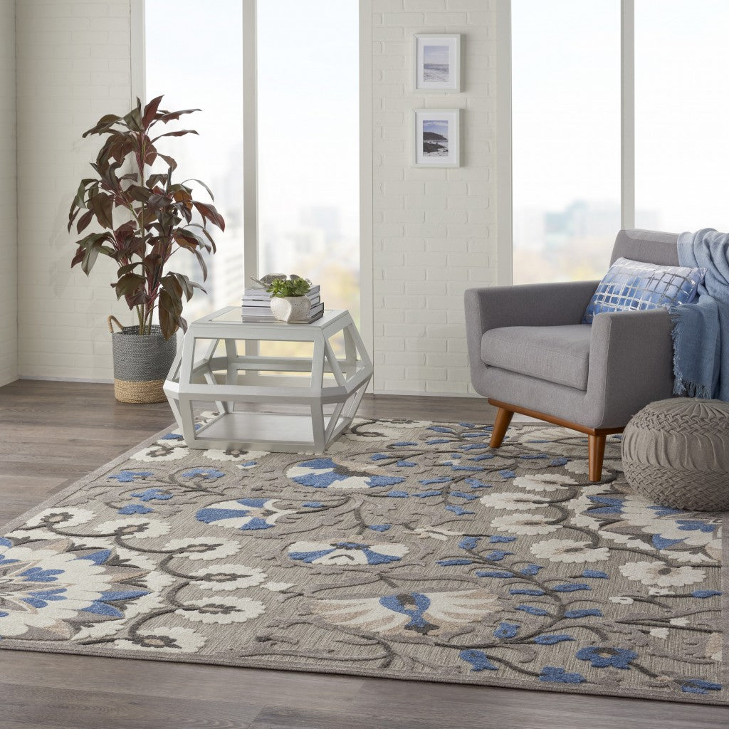 HomeRoots 8' x 11' Gray and Blue Vines Indoor Outdoor Area Rug