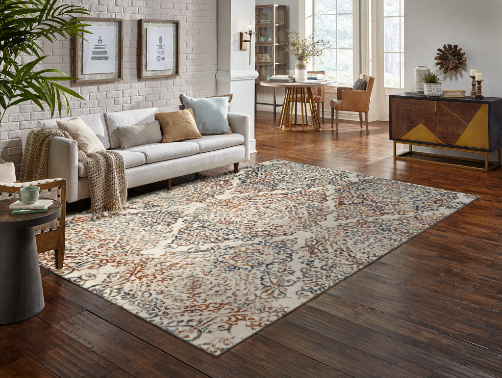 HomeRoots 8' x 11' Ivory Brown Decorative Diamond Area Rug