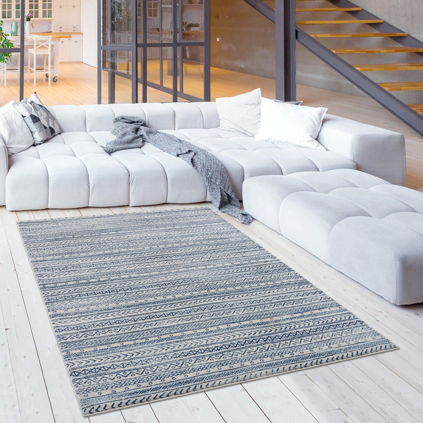 HomeRoots 8' x 11' Navy Blue Decorative Stripes Area Rug