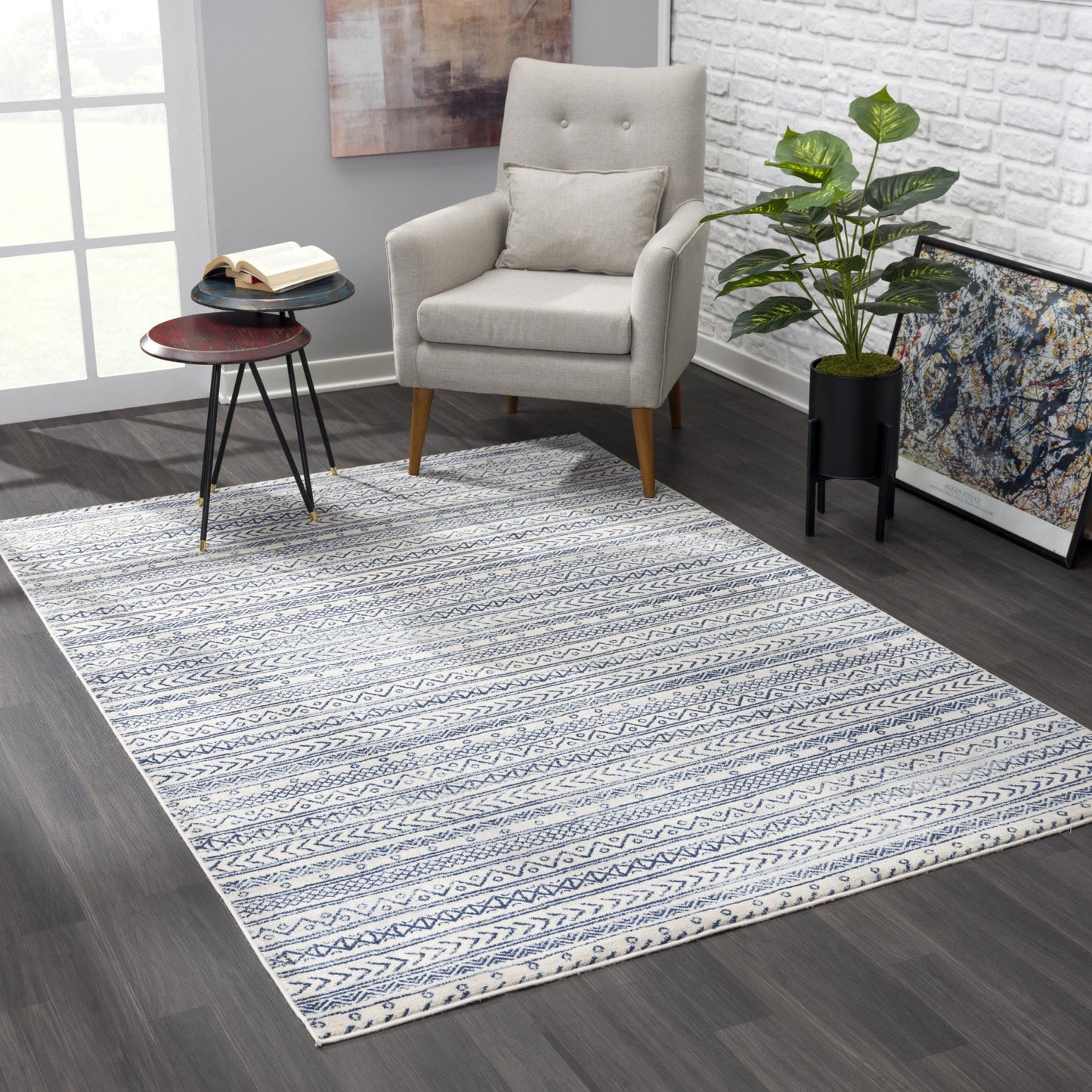 HomeRoots 8' x 11' Navy Blue Decorative Stripes Area Rug