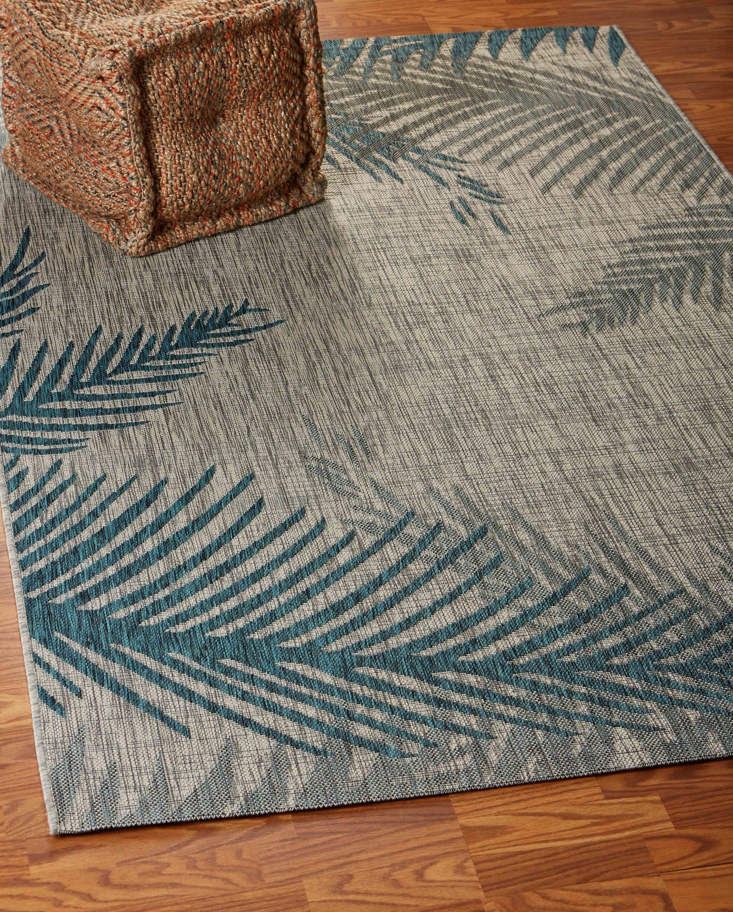 HomeRoots 8’ x 9’ Gray Palm Leaves Indoor Outdoor Area Rug