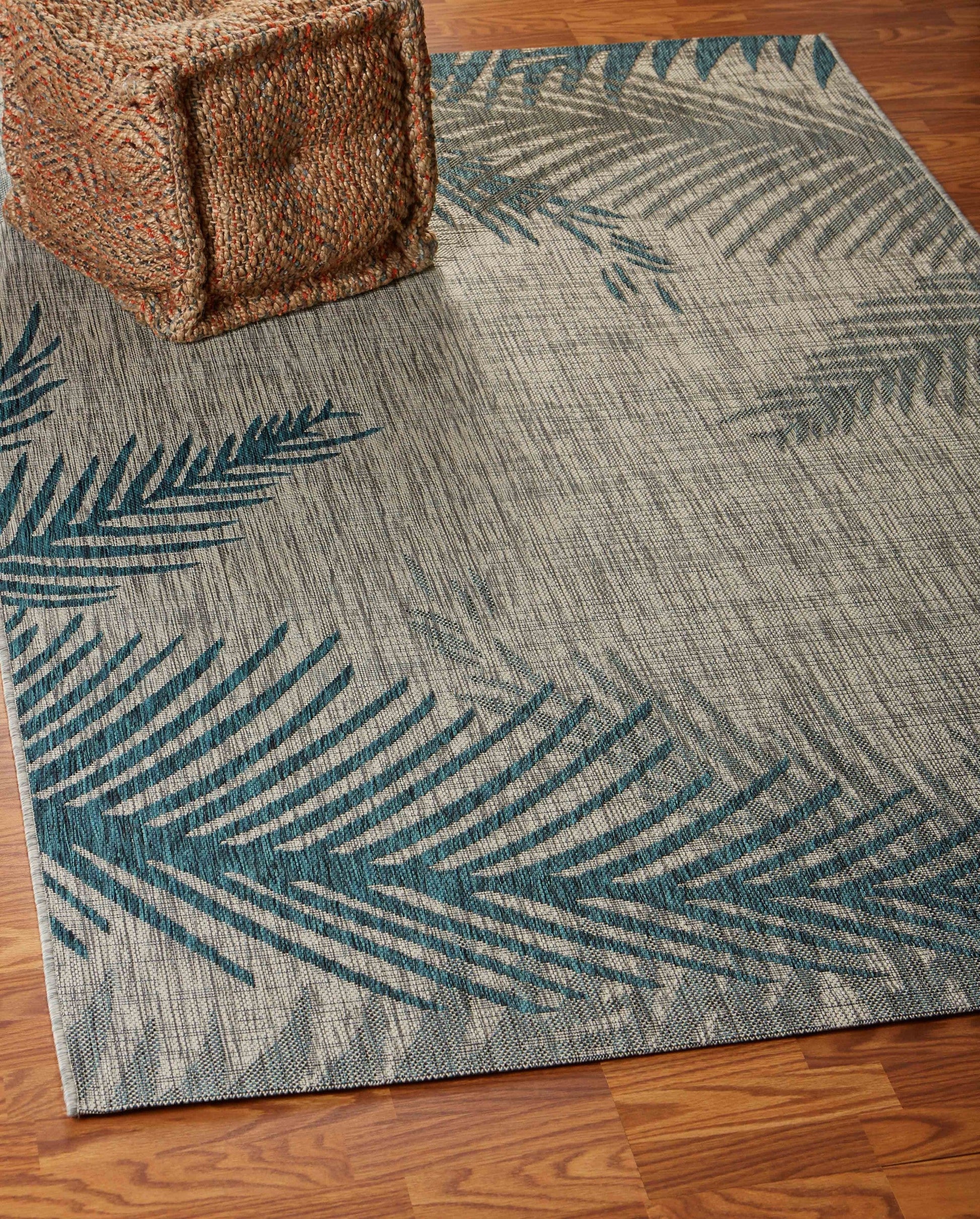 HomeRoots 8’ x 9’ Gray Palm Leaves Indoor Outdoor Area Rug