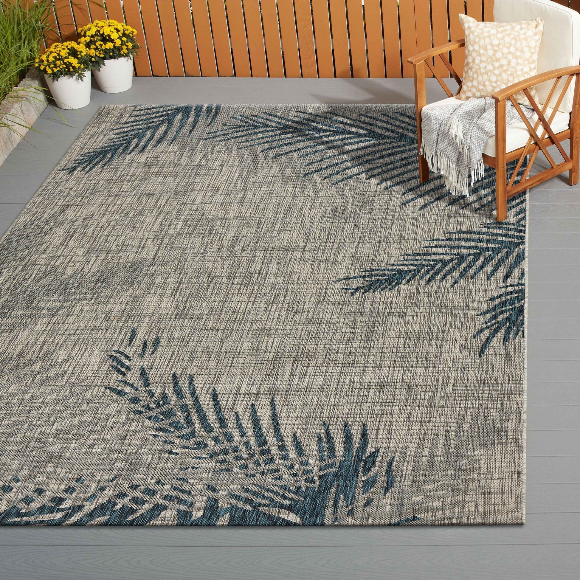 HomeRoots 8’ x 9’ Gray Palm Leaves Indoor Outdoor Area Rug