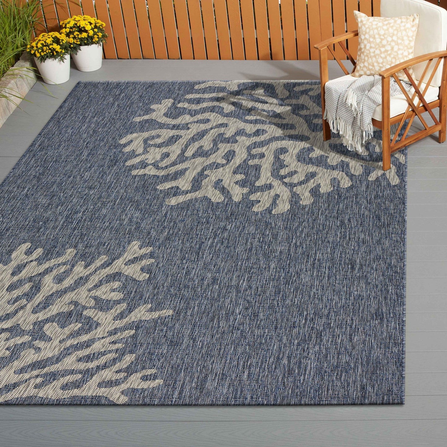 HomeRoots 8’ x 9’ Navy Coral Reef Indoor Outdoor Area Rug