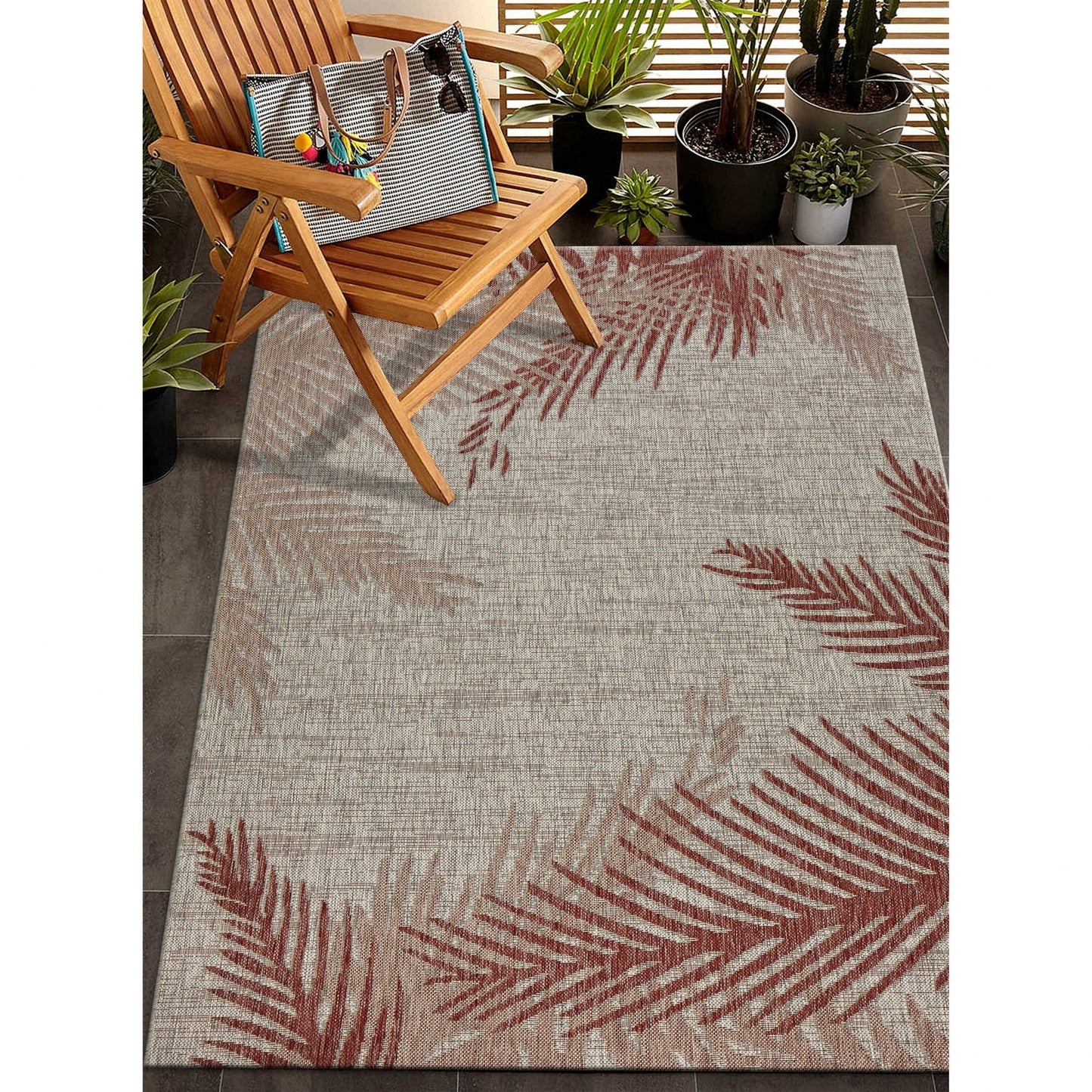 HomeRoots 8’ x 9’ Palm Leaves Indoor Outdoor Area Rug in Red Finish