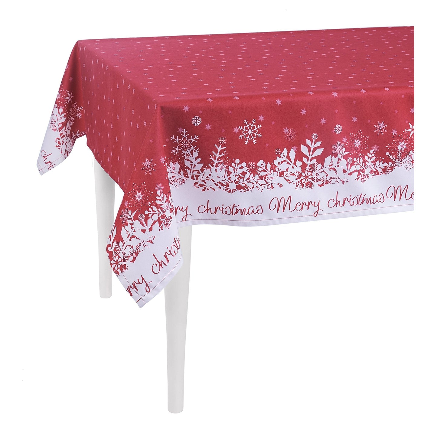 HomeRoots 84" Merry Christmas Printed Rectangle Tablecloth in Red