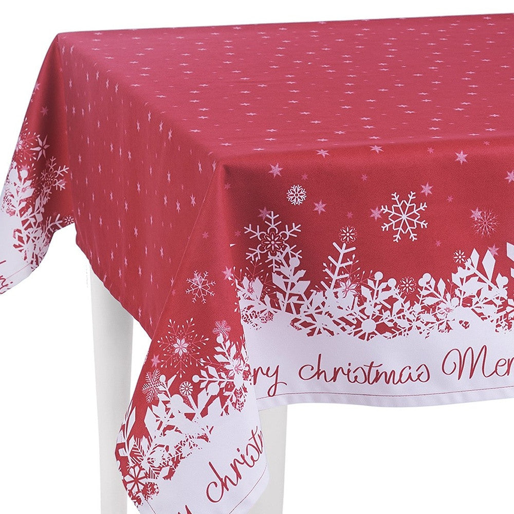 HomeRoots 84" Merry Christmas Printed Rectangle Tablecloth in Red