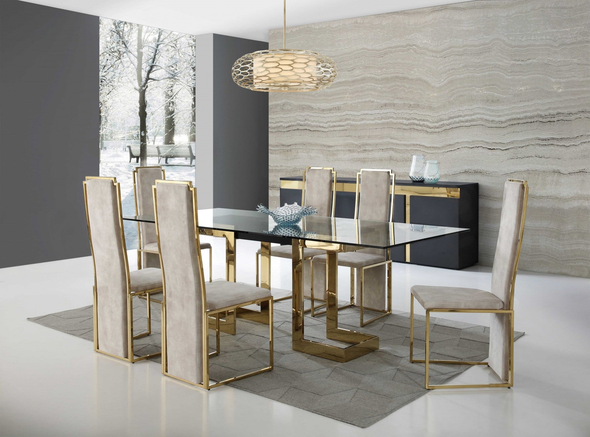 HomeRoots 87 x 39 x 30 Polished Gold Glass Stainless Steel Dining Table