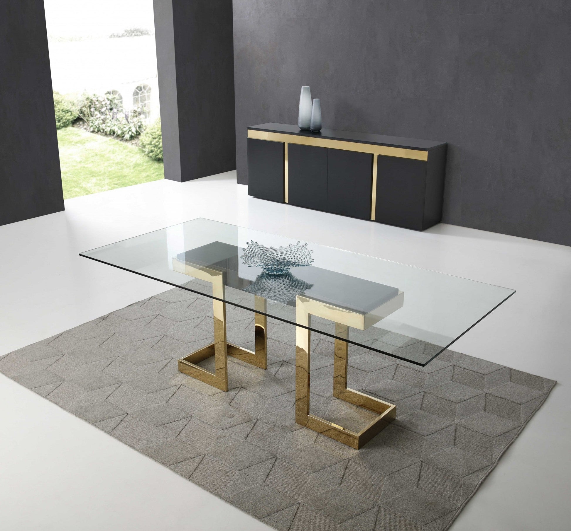 HomeRoots 87 x 39 x 30 Polished Gold Glass Stainless Steel Dining Table