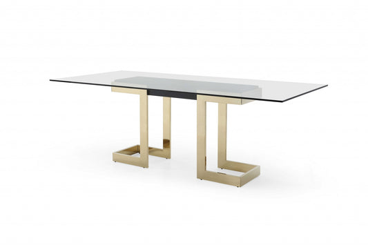 HomeRoots 87 x 39 x 30 Polished Gold Glass Stainless Steel Dining Table