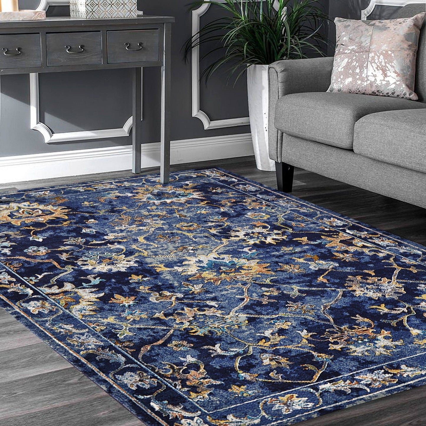 HomeRoots 9' x 12' Blue and Gold Jacobean Area Rug