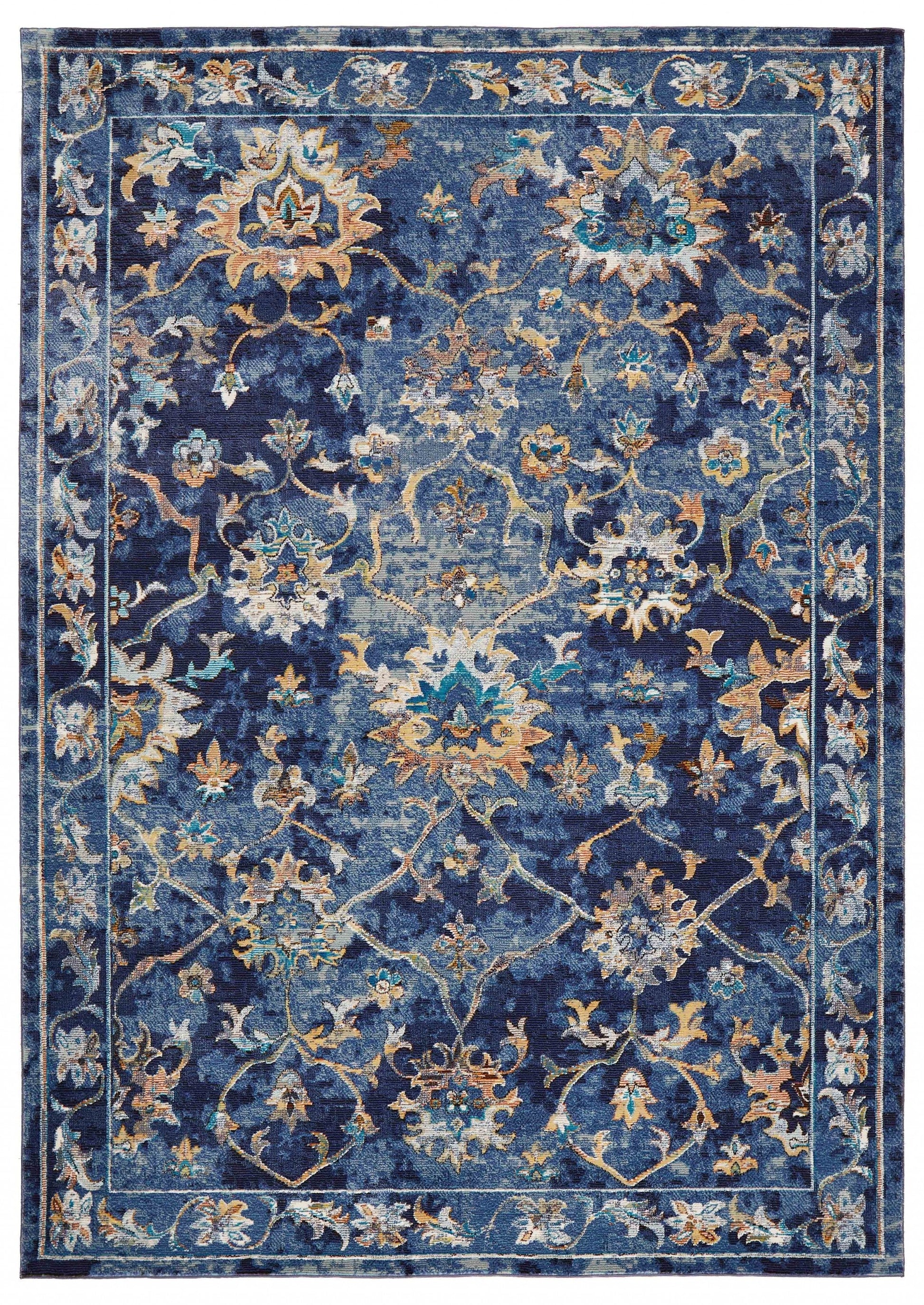 HomeRoots 9' x 12' Blue and Gold Jacobean Area Rug