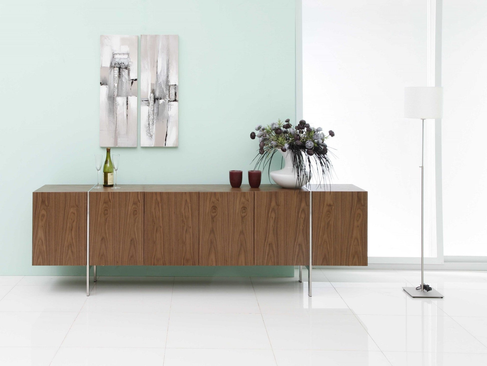 HomeRoots 95" x 17" x 30" Stainless Steel Buffet With Walnut Finish