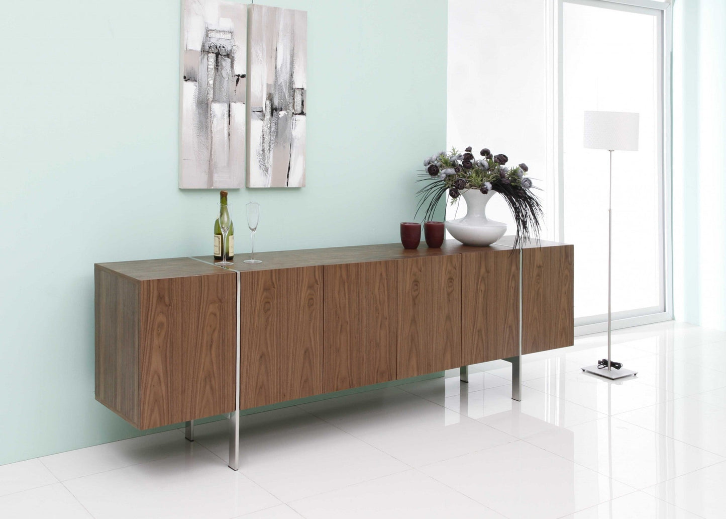 HomeRoots 95" x 17" x 30" Stainless Steel Buffet With Walnut Finish