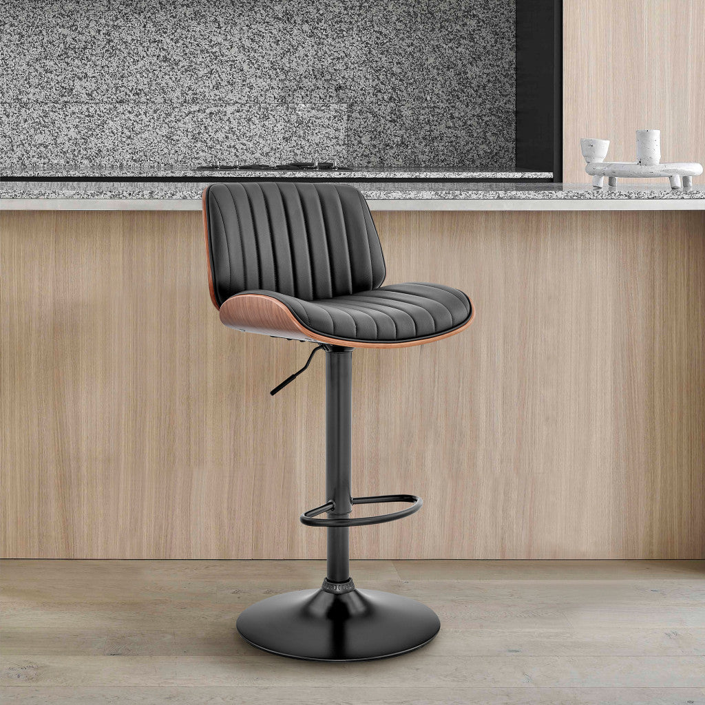 HomeRoots Adjustable Black Faux Leather Black Steel and Walnut Bar Stool