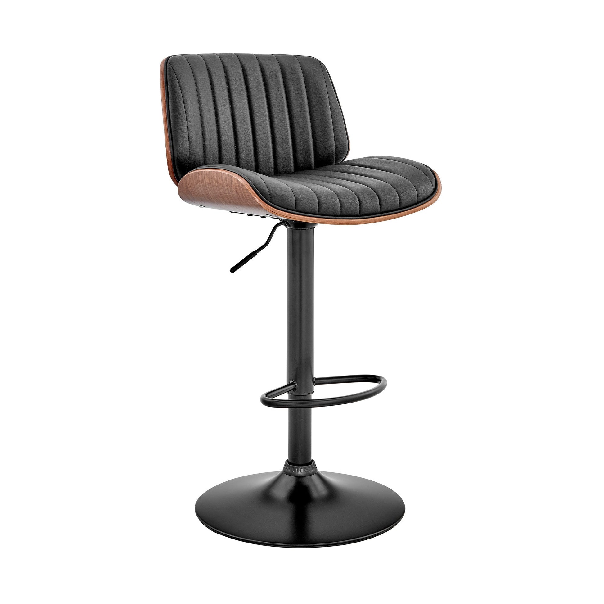 HomeRoots Adjustable Black Faux Leather Black Steel and Walnut Bar Stool