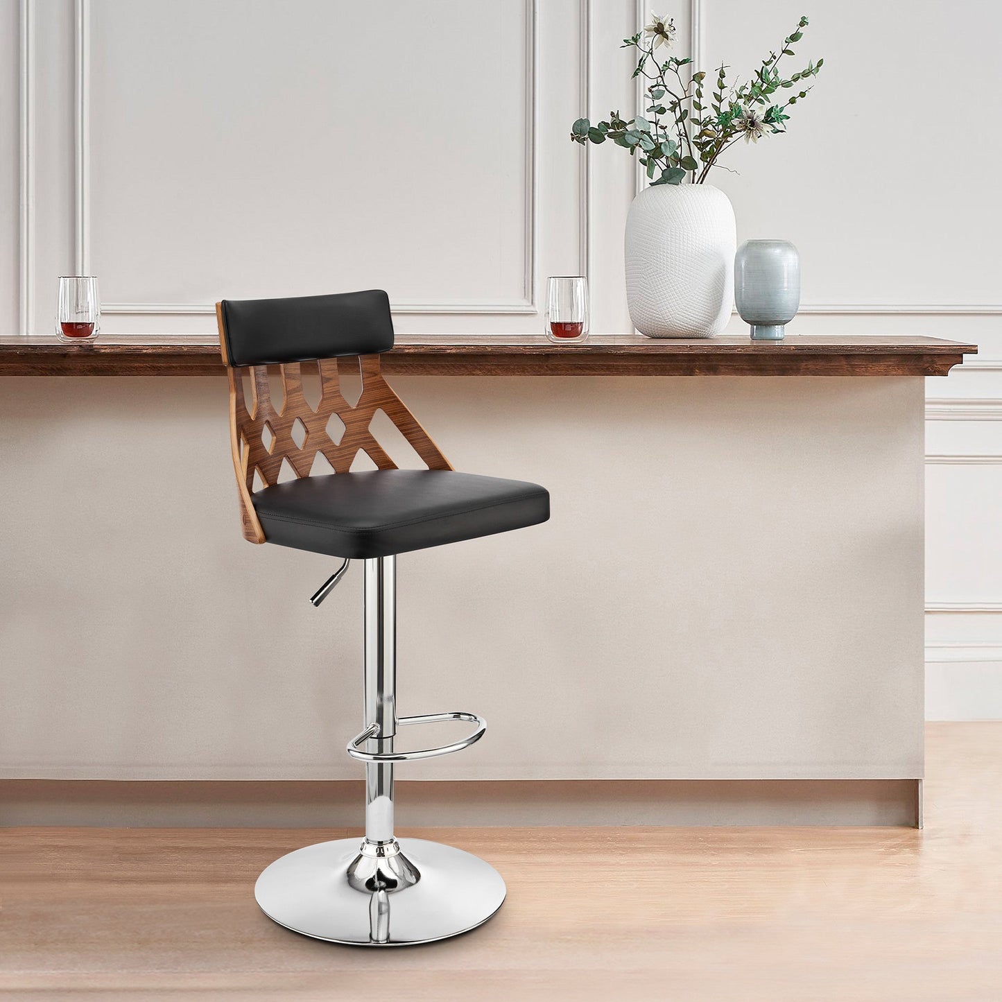 HomeRoots Adjustable Black Faux Leather and Walnut Lattice Bar Stool