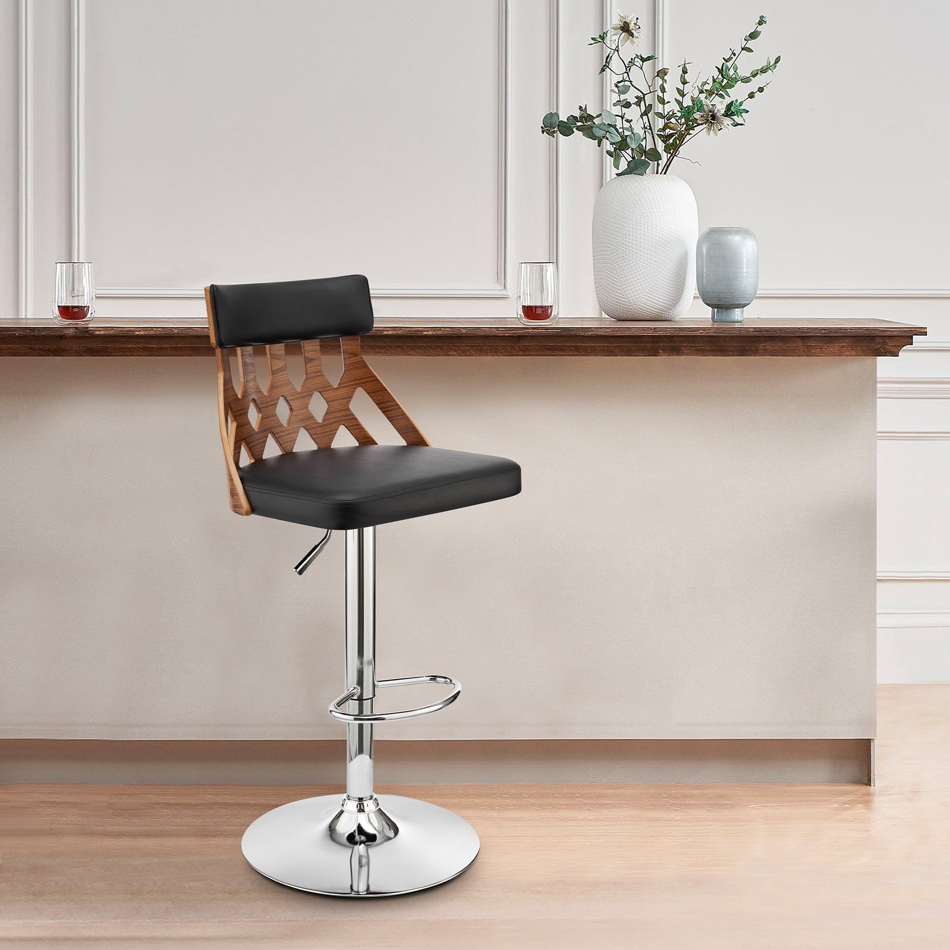 HomeRoots Adjustable Black Faux Leather and Walnut Lattice Bar Stool