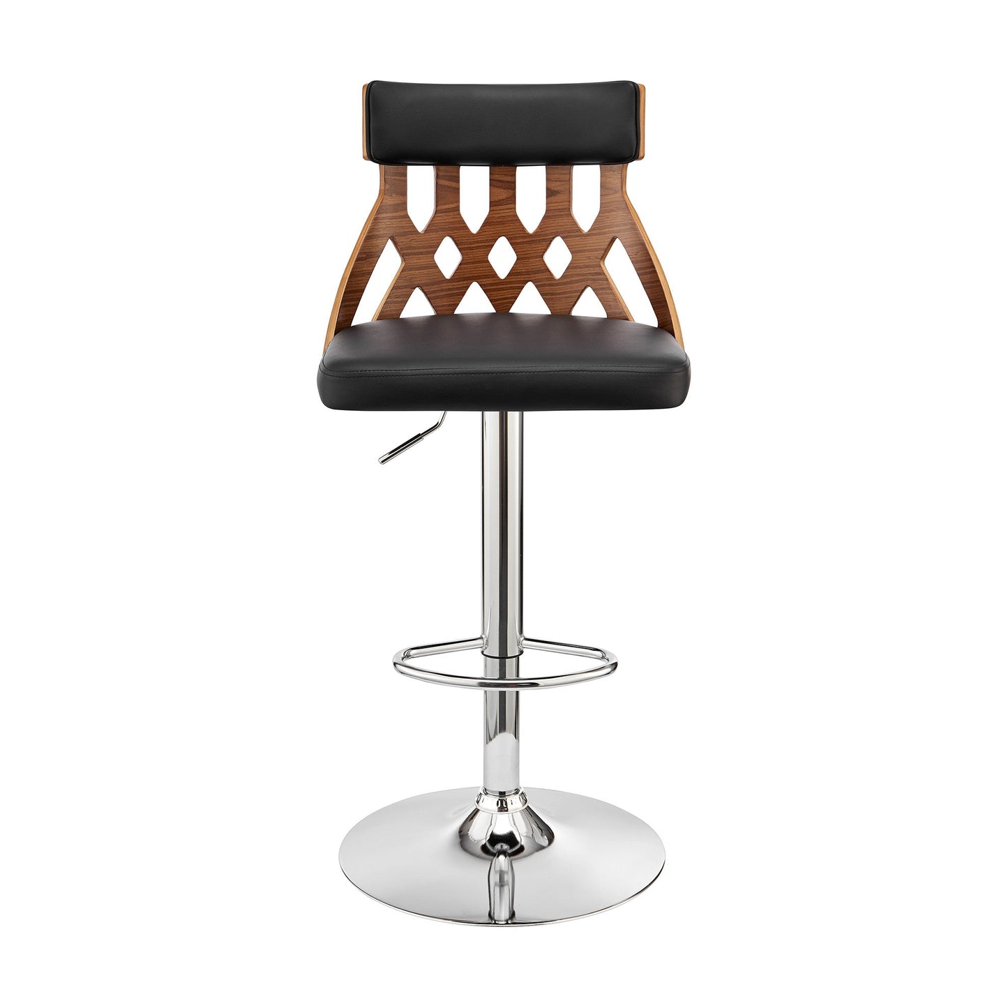 HomeRoots Adjustable Black Faux Leather and Walnut Lattice Bar Stool