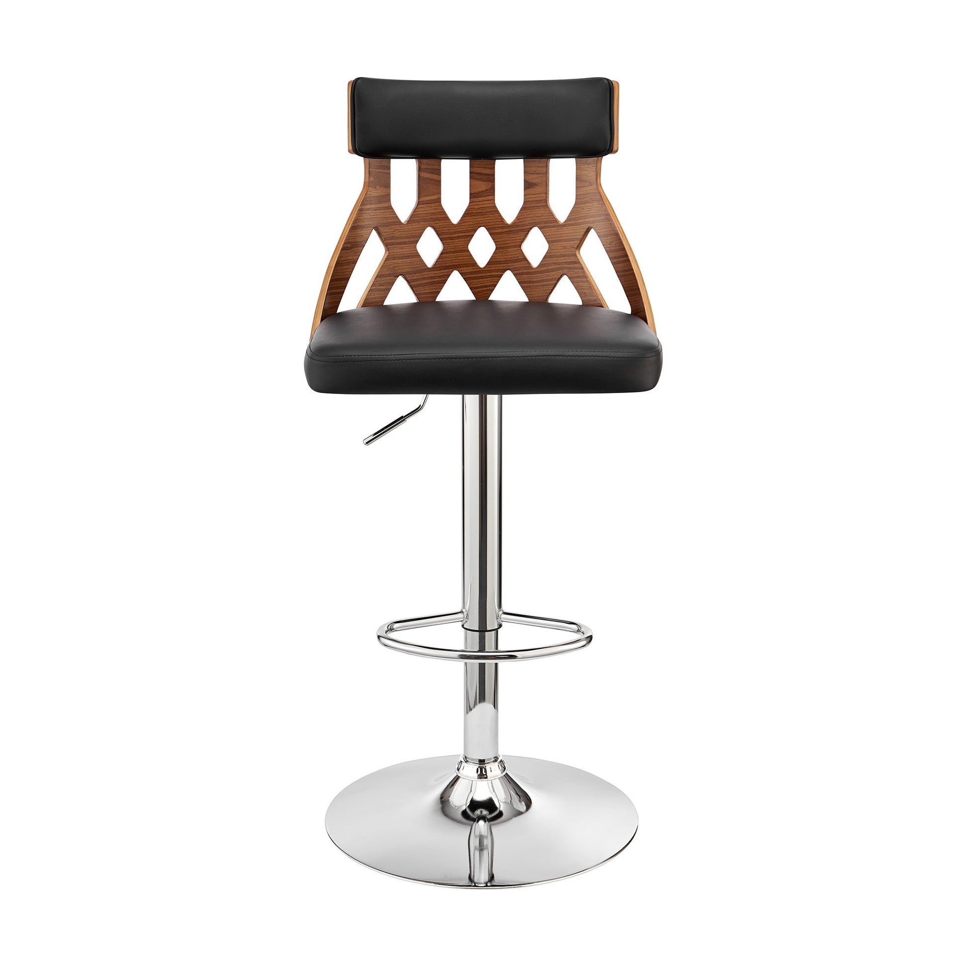 HomeRoots Adjustable Black Faux Leather and Walnut Lattice Bar Stool