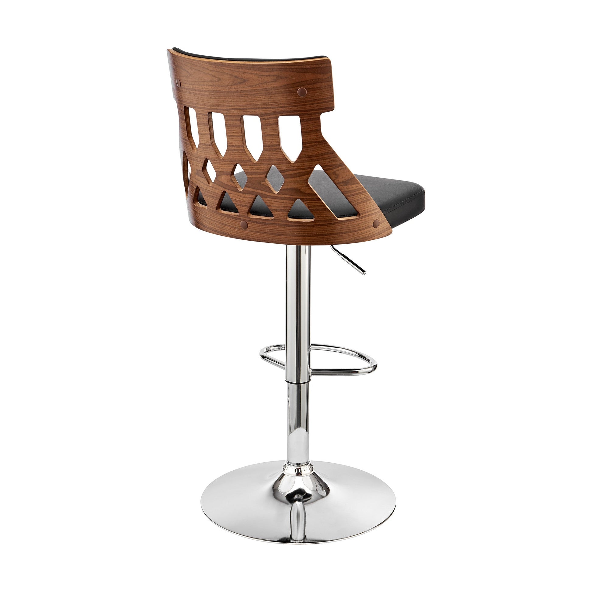 HomeRoots Adjustable Black Faux Leather and Walnut Lattice Bar Stool