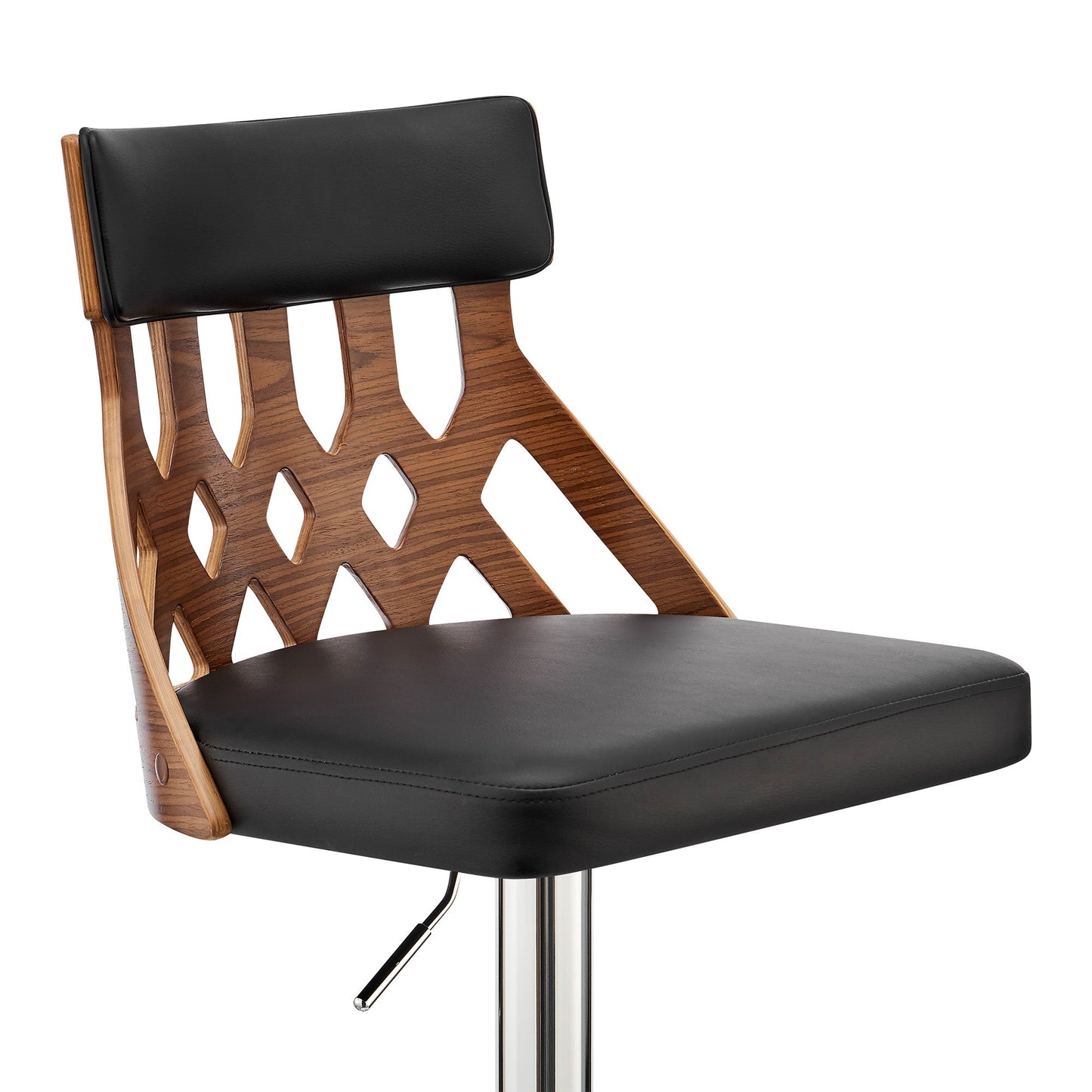 HomeRoots Adjustable Black Faux Leather and Walnut Lattice Bar Stool