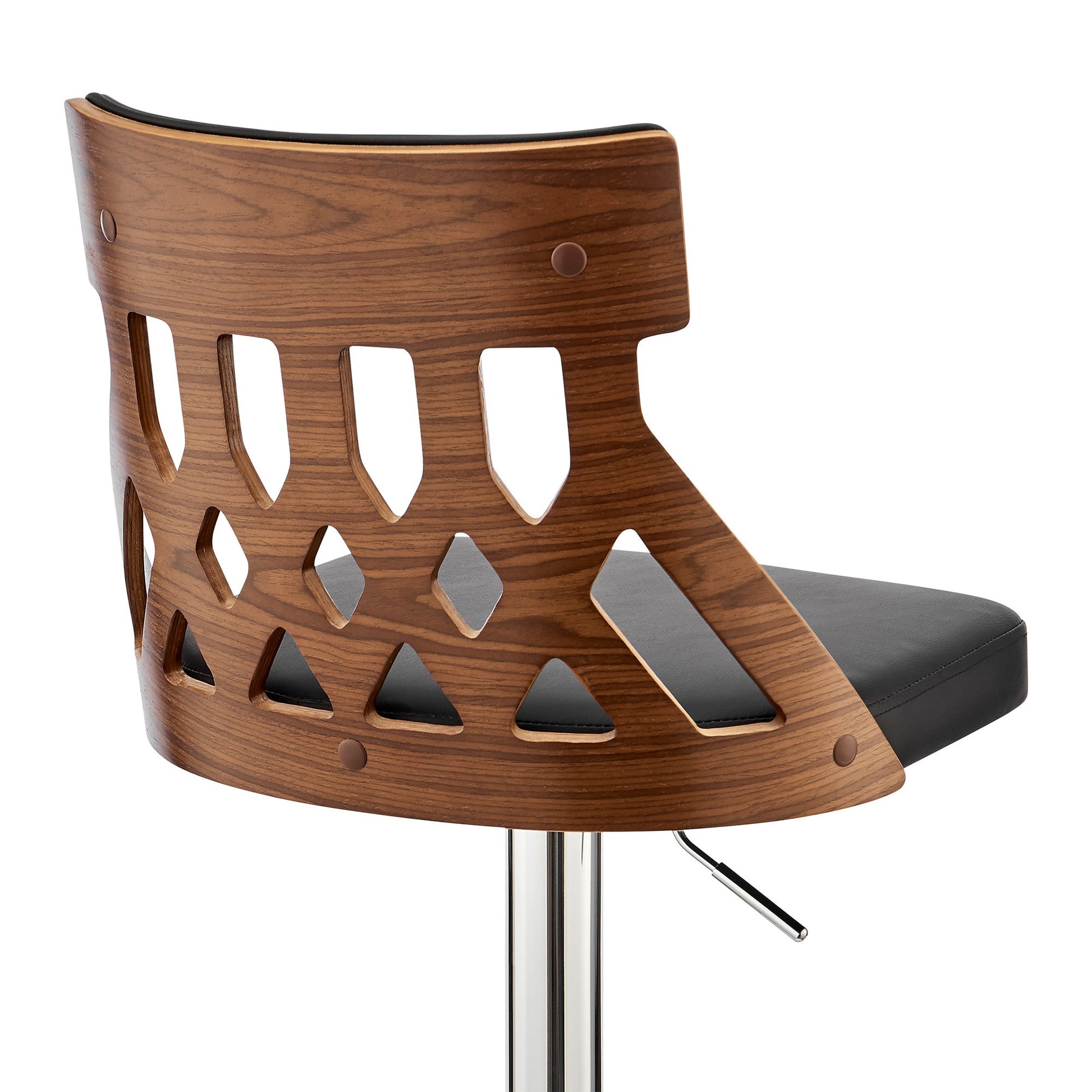 HomeRoots Adjustable Black Faux Leather and Walnut Lattice Bar Stool