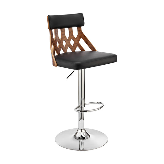 HomeRoots Adjustable Black Faux Leather and Walnut Lattice Bar Stool