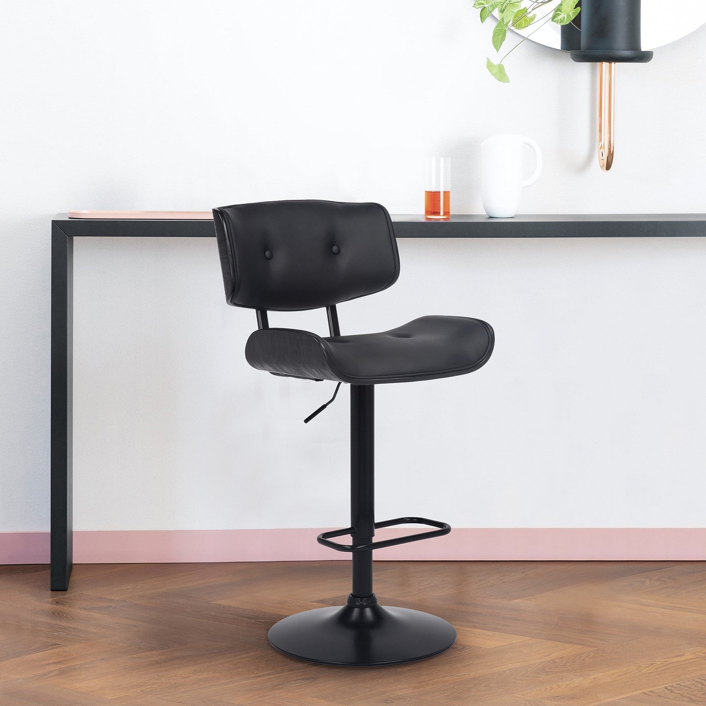 HomeRoots Adjustable Black Tufted Faux Leather and Black Wood Swivel Barstool