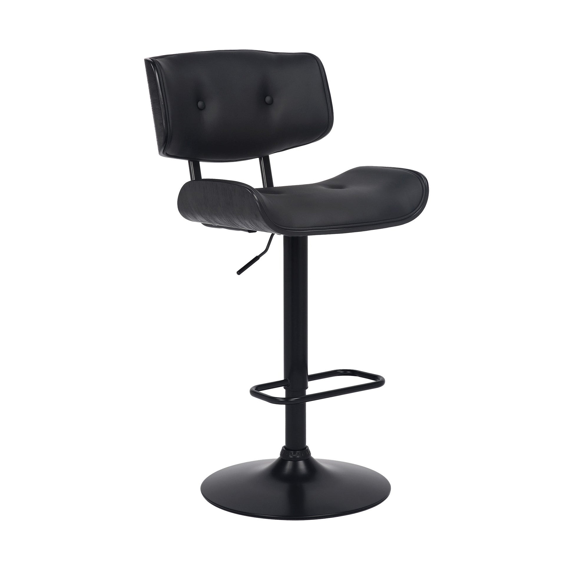 HomeRoots Adjustable Black Tufted Faux Leather and Black Wood Swivel Barstool