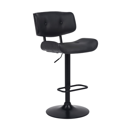 HomeRoots Adjustable Black Tufted Faux Leather and Black Wood Swivel Barstool