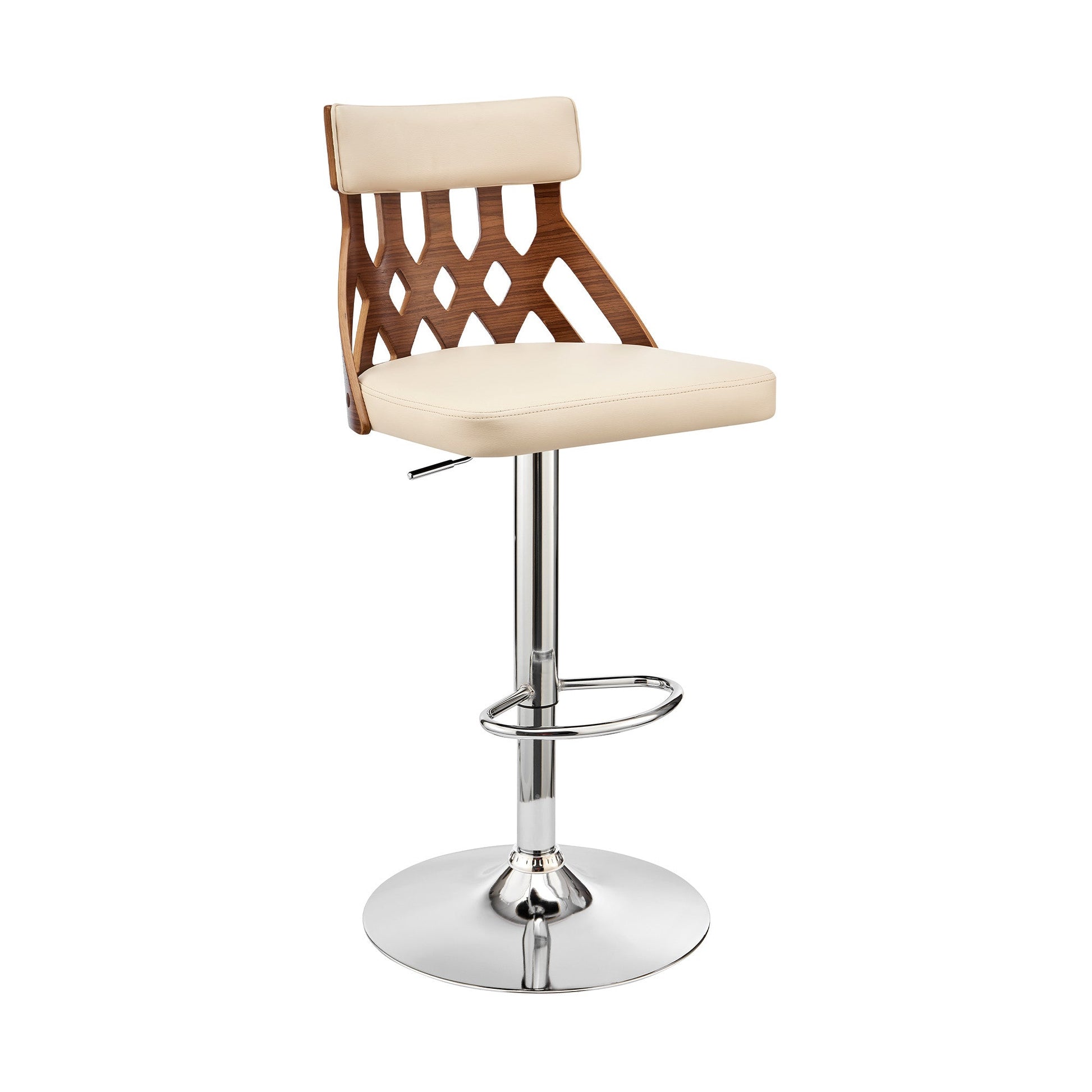 HomeRoots Adjustable Cream Faux Leather and Walnut Lattice Bar Stool