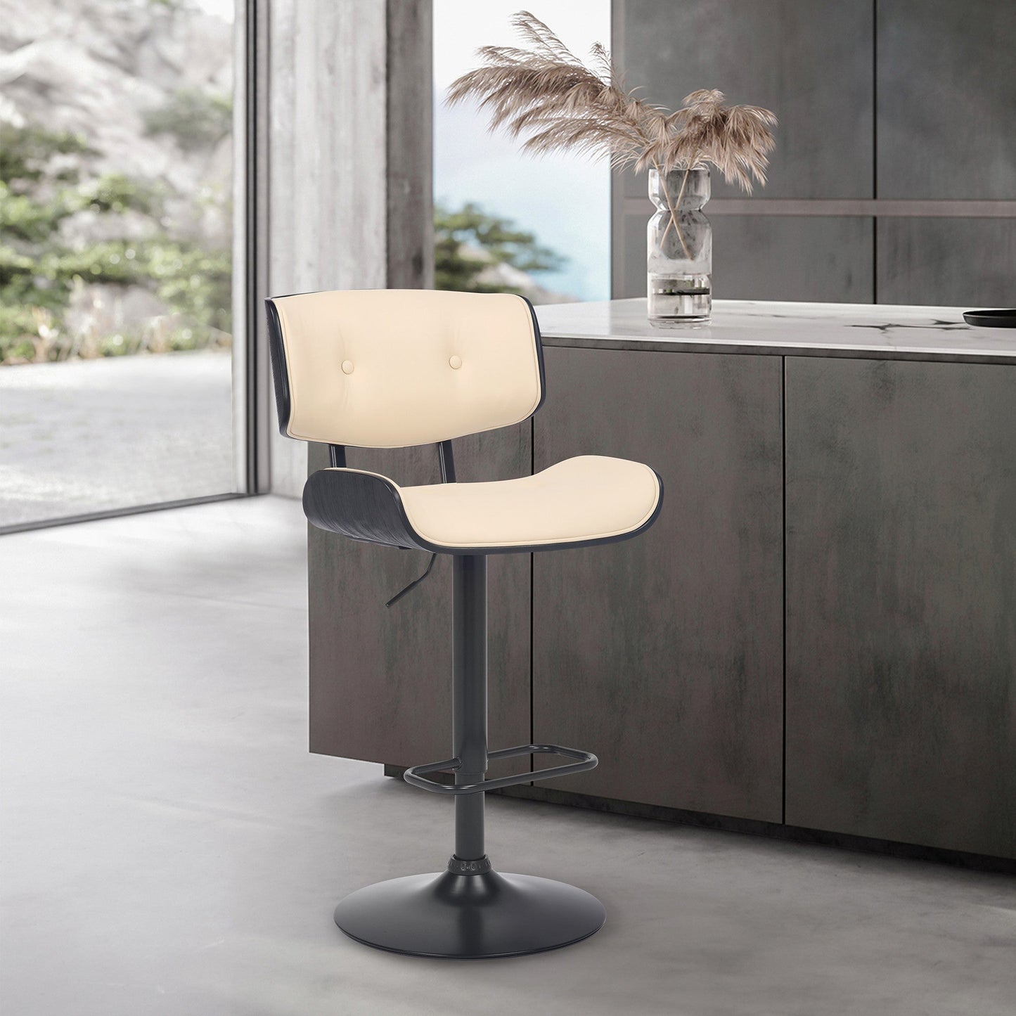 HomeRoots Adjustable Cream Tufted Faux Leather and Black Wood Swivel Barstool