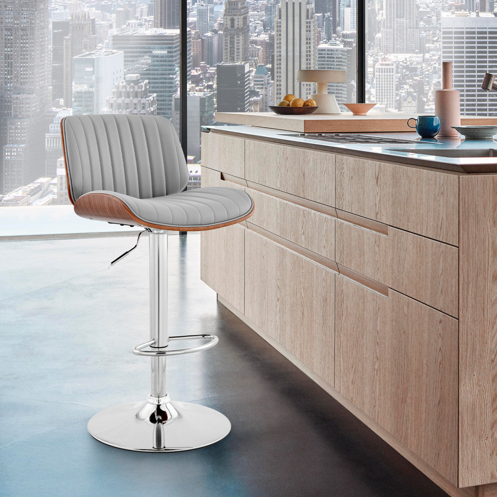 HomeRoots Adjustable Gray Faux Leather Chrome and Walnut Bar Stool