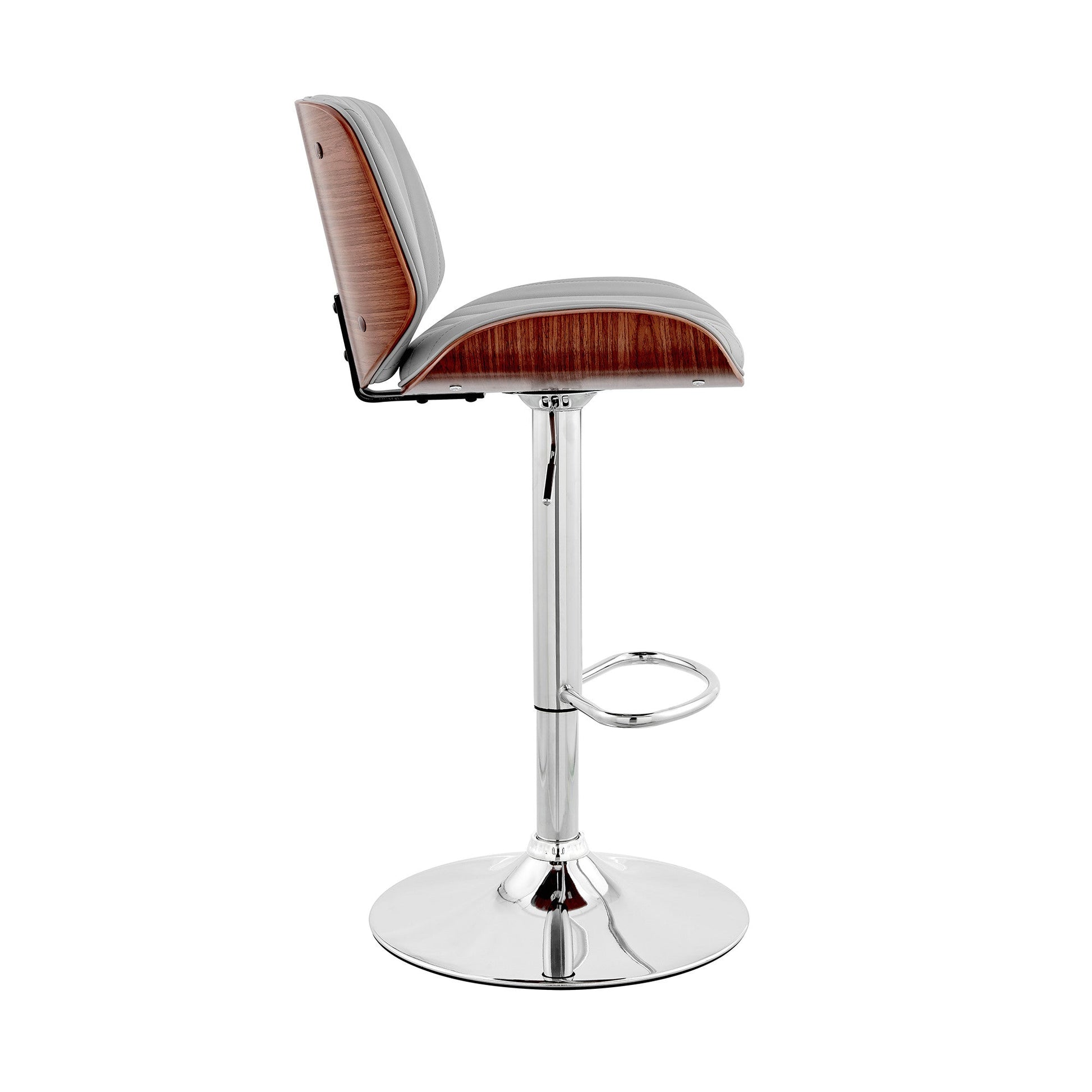 HomeRoots Adjustable Gray Faux Leather Chrome and Walnut Bar Stool