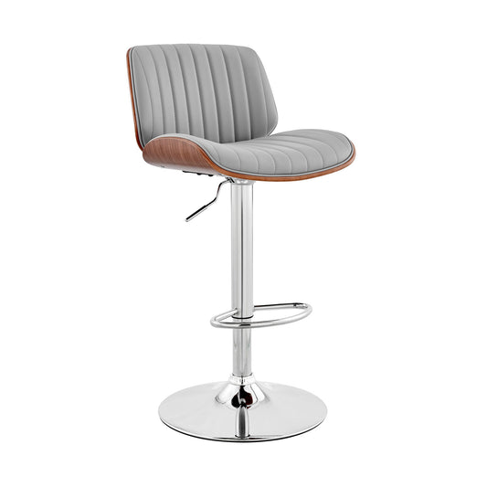 HomeRoots Adjustable Gray Faux Leather Chrome and Walnut Bar Stool