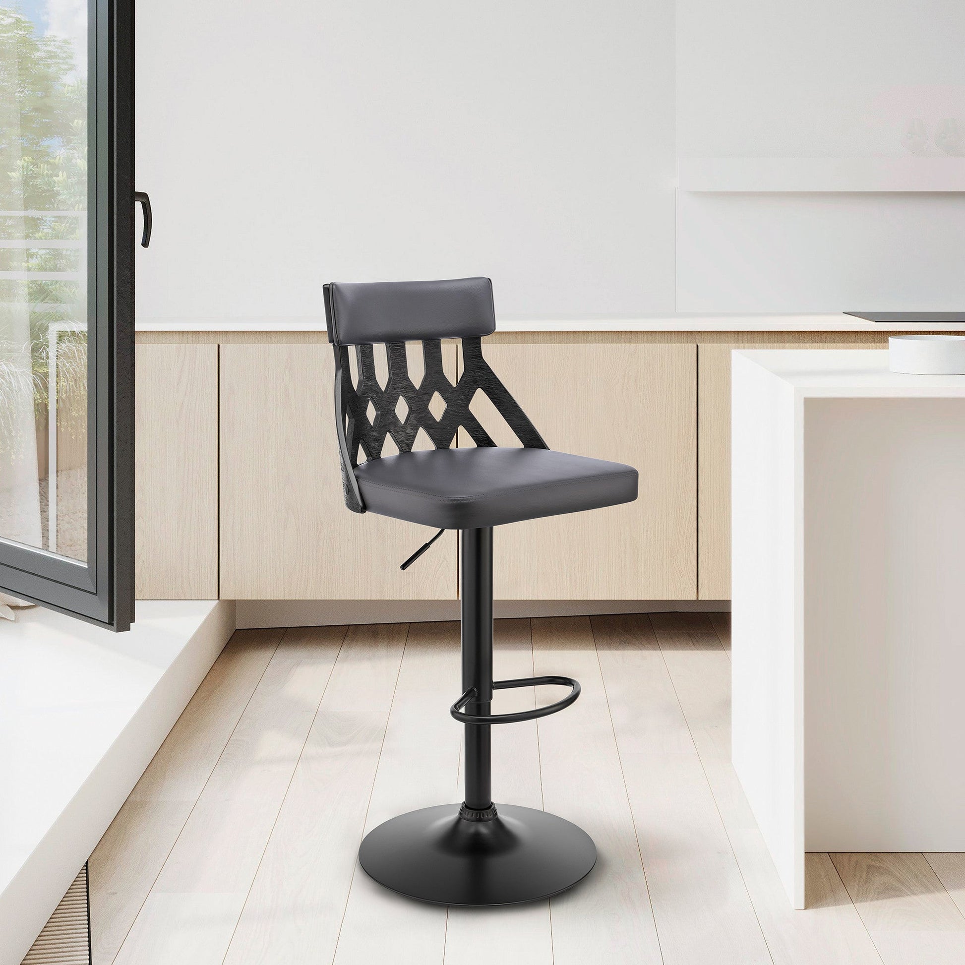 HomeRoots Adjustable Gray Faux Leather and Black Lattice Bar Stool