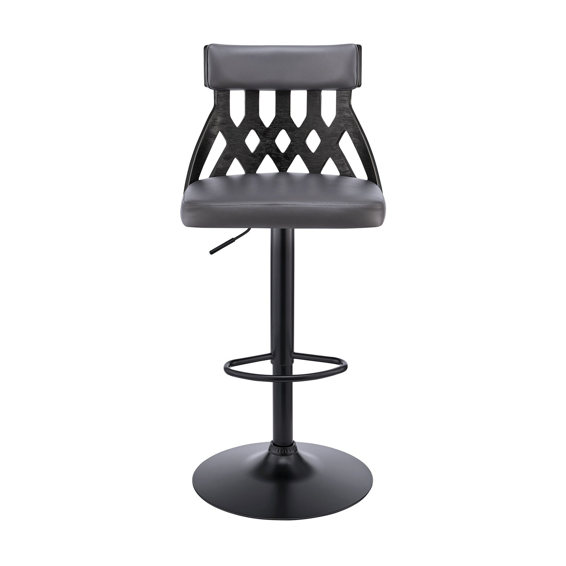 HomeRoots Adjustable Gray Faux Leather and Black Lattice Bar Stool
