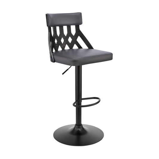 HomeRoots Adjustable Gray Faux Leather and Black Lattice Bar Stool