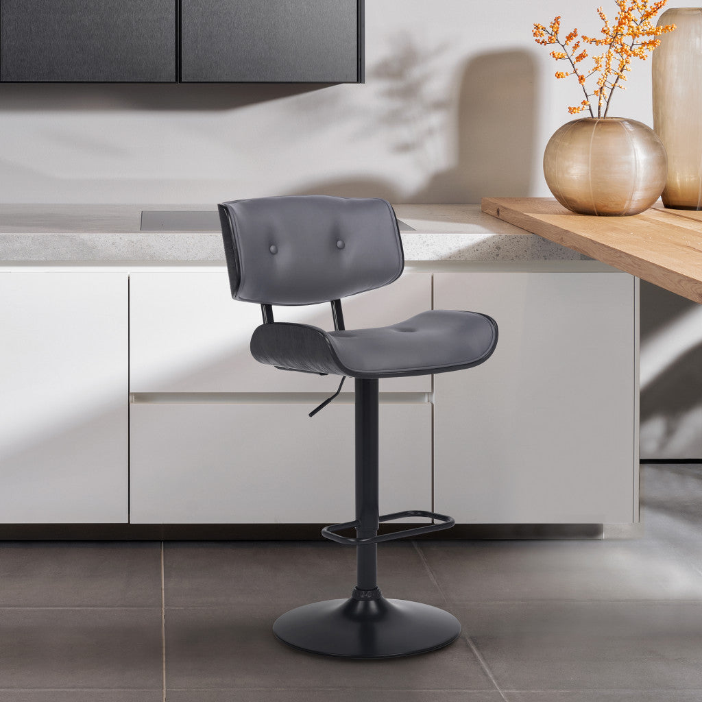HomeRoots Adjustable Gray Tufted Faux Leather and Black Wood Swivel Barstool