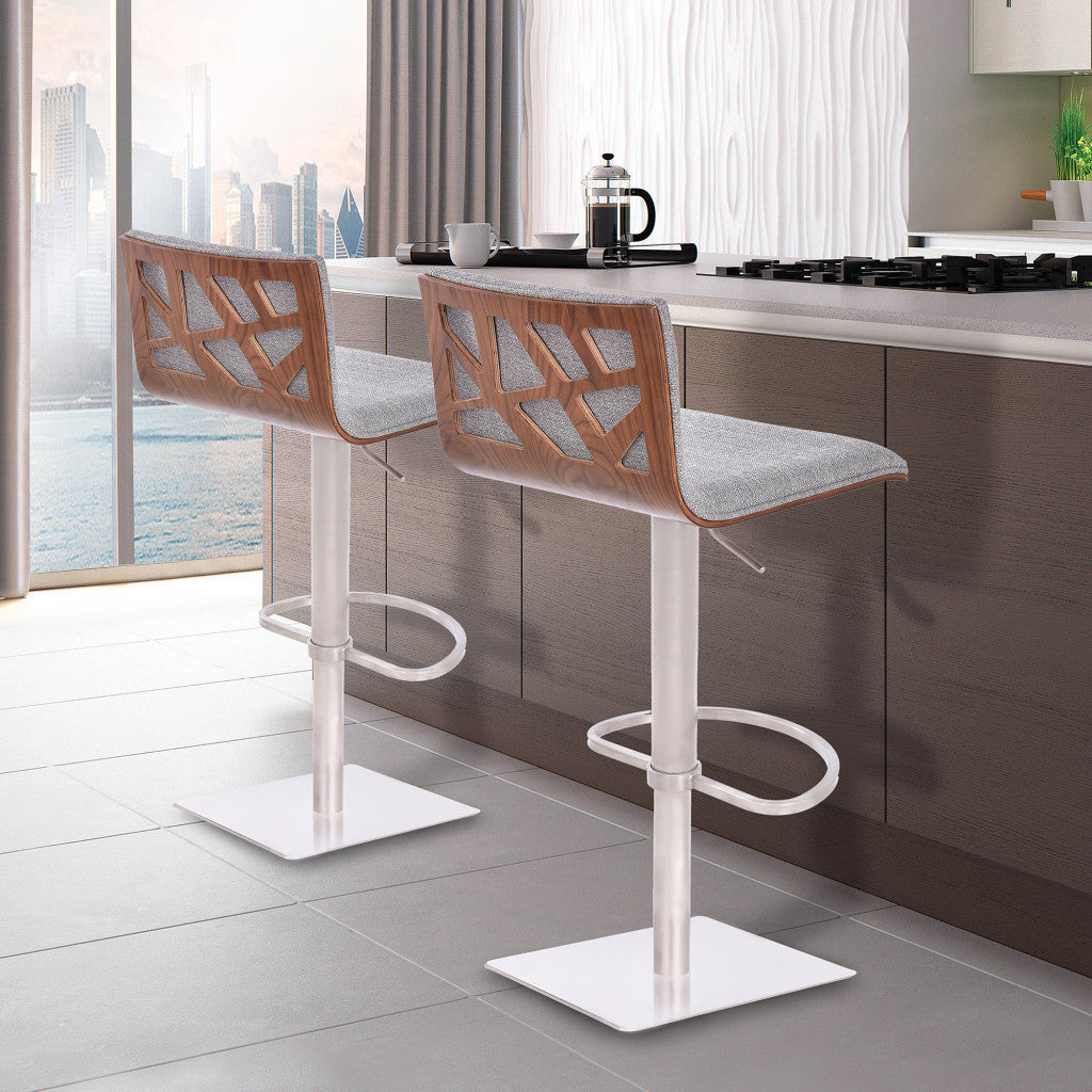 HomeRoots Adjustable Grey Fabric Walnut and Stainless Swivel Bar Stool