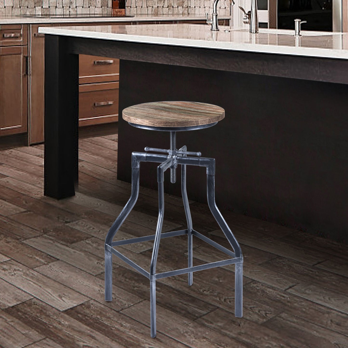 HomeRoots Adjustable Industrial Pine Wood Swivel Bar Stool