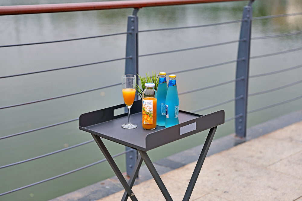 HomeRoots Aluminum Indoor Outdoor Tray Table in Gray Finish