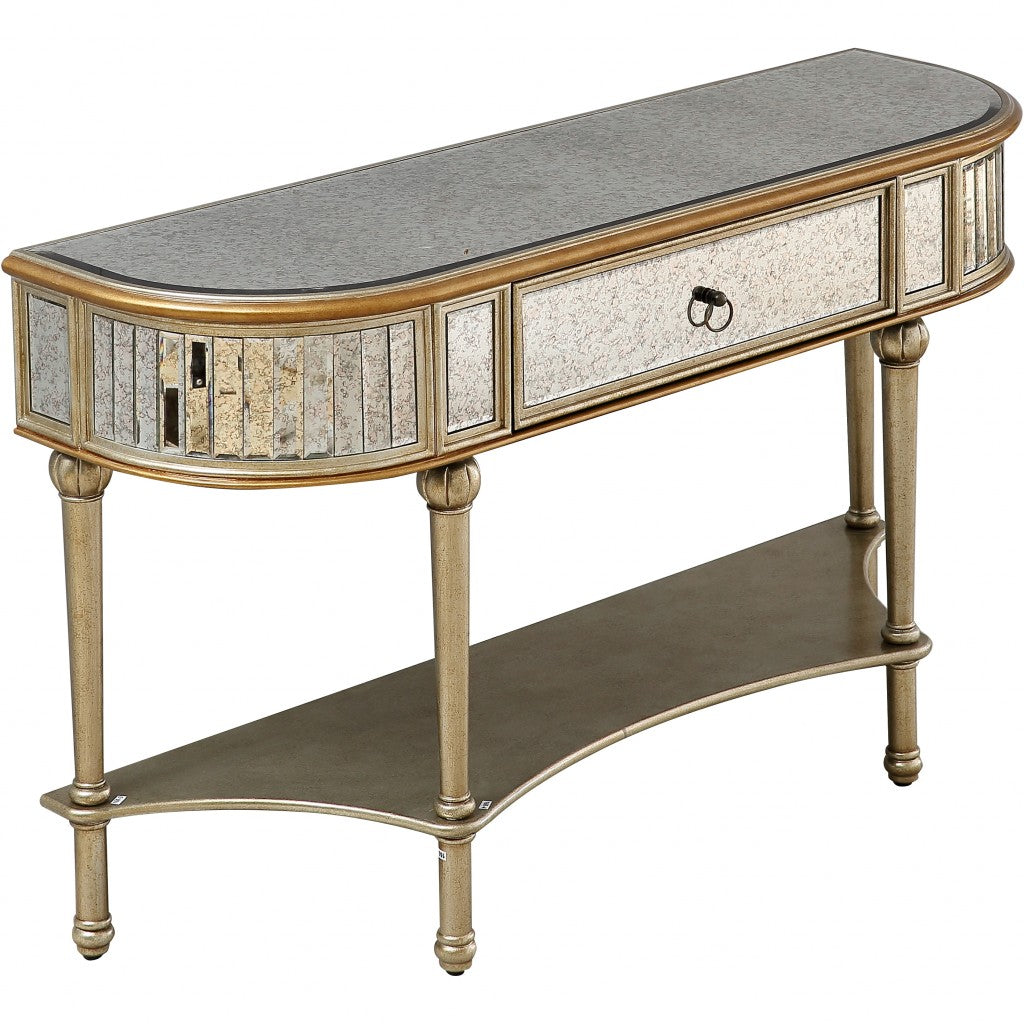 HomeRoots Antiqued Gold Demilune Console Table