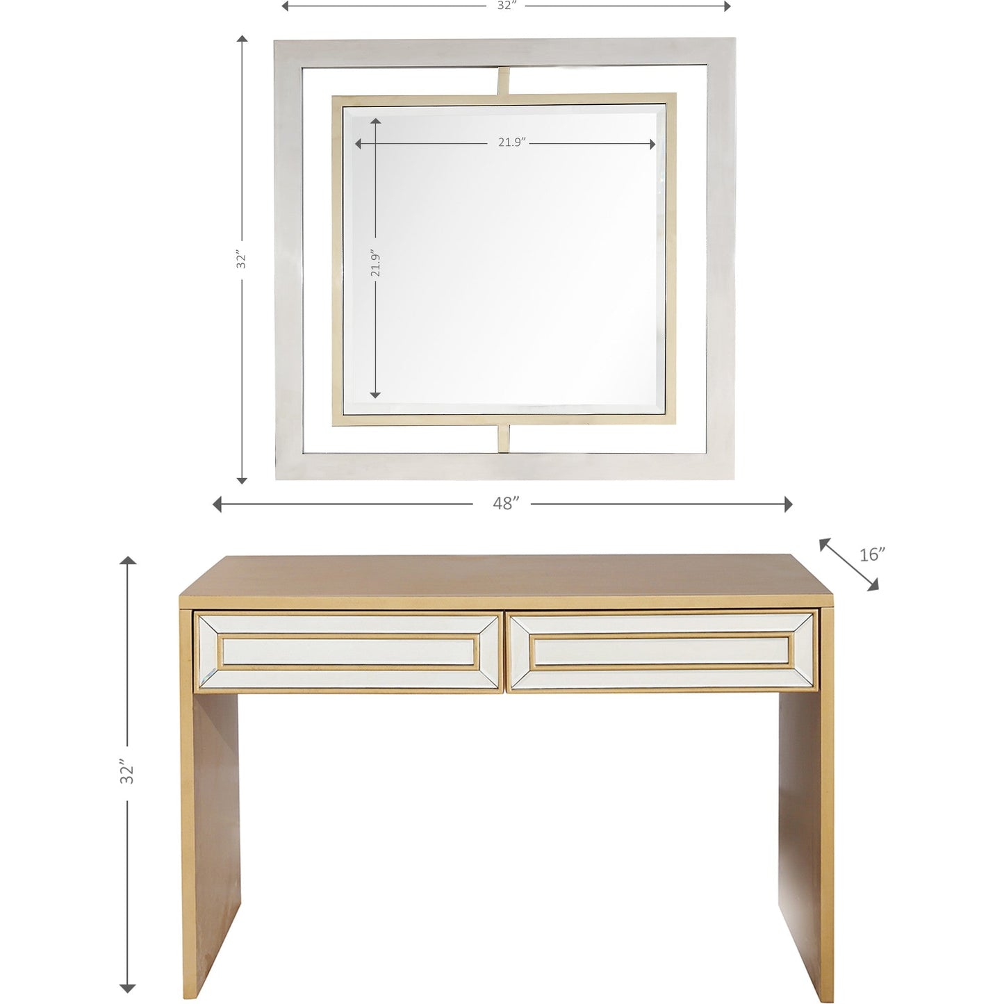 HomeRoots Antiqued Mirror and Console Table in Gold Finish